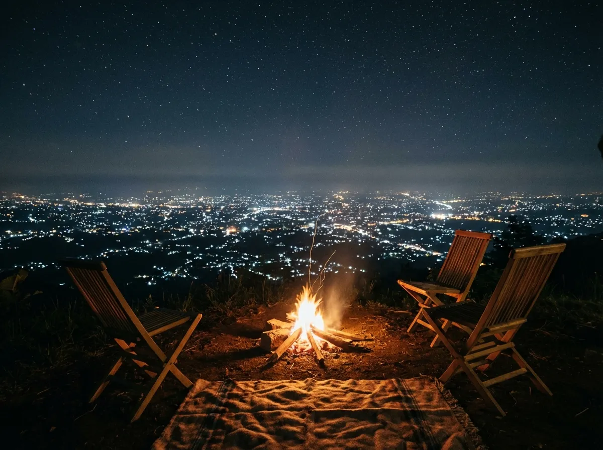 Pemandangan langit malam berbintang dan city lights dari Batu Sunrise Camp