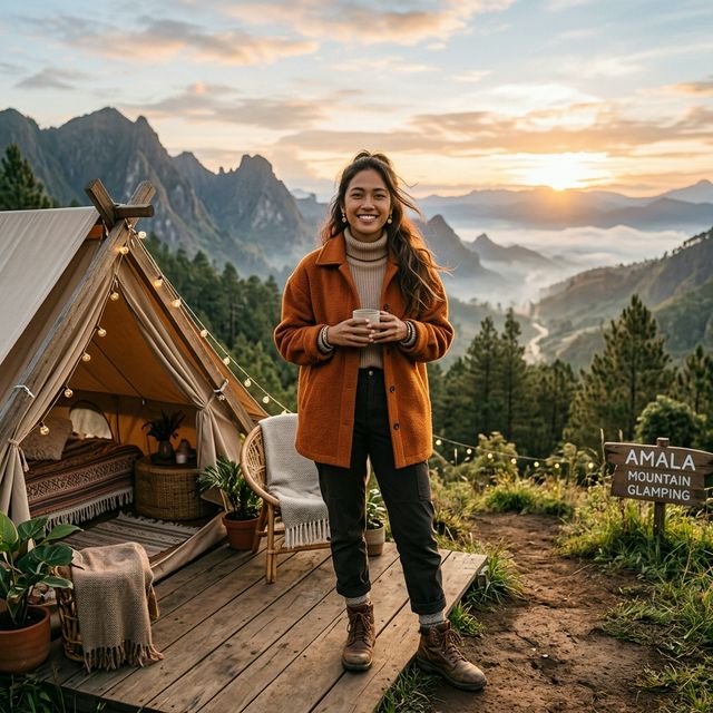 Wanita mengenakan outfit kemping estetik dan hangat di Batu Sunrise Camp