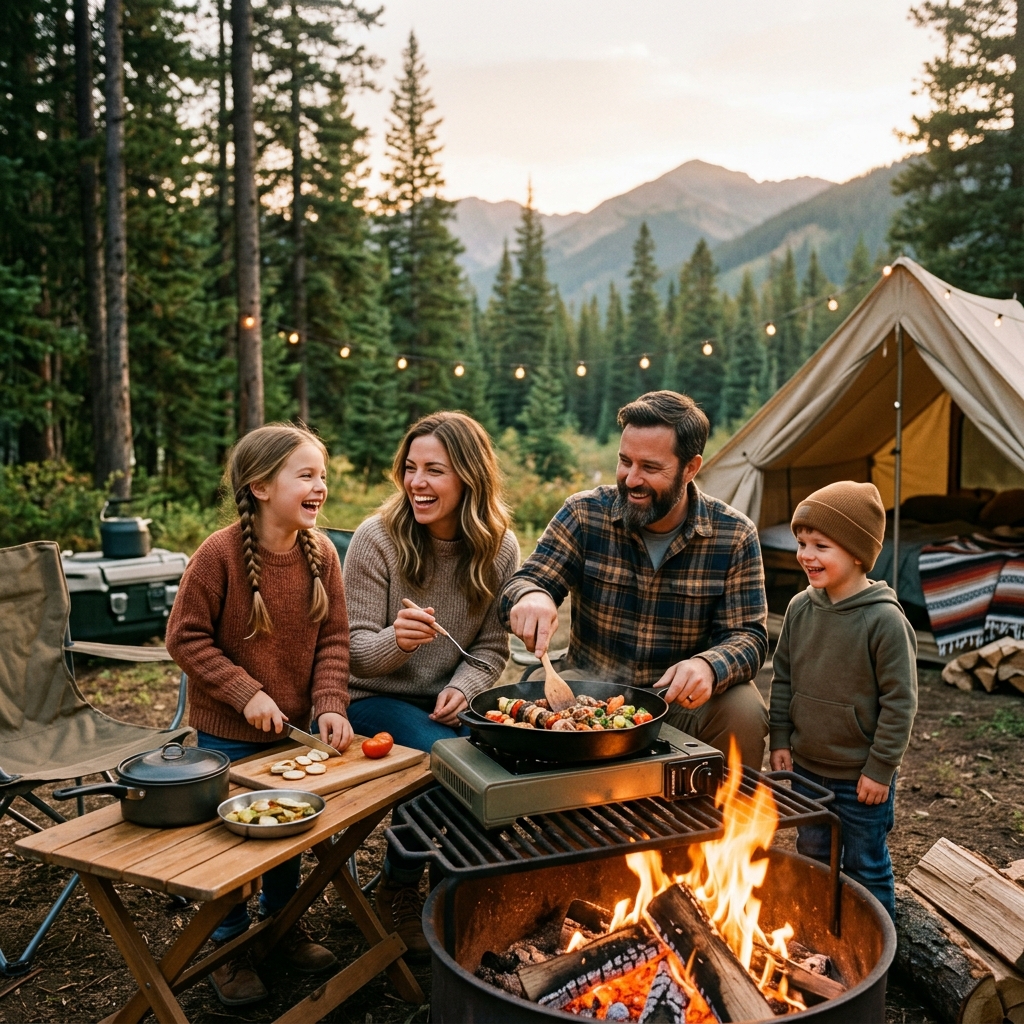 Keluarga bahagia memasak bersama di alam Batu Sunrise Camp