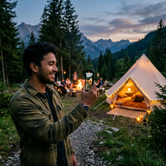 Pemuda lokal merekam video cinematic di area Glamping Batu Sunrise Camp