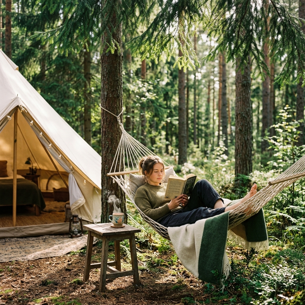 Membaca buku di atas hammock menikmati Digital Detox di Batu Sunrise Camp