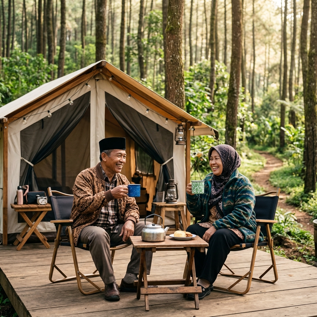 Pasangan lansia Indonesia menikmati teh di depan tenda glamping