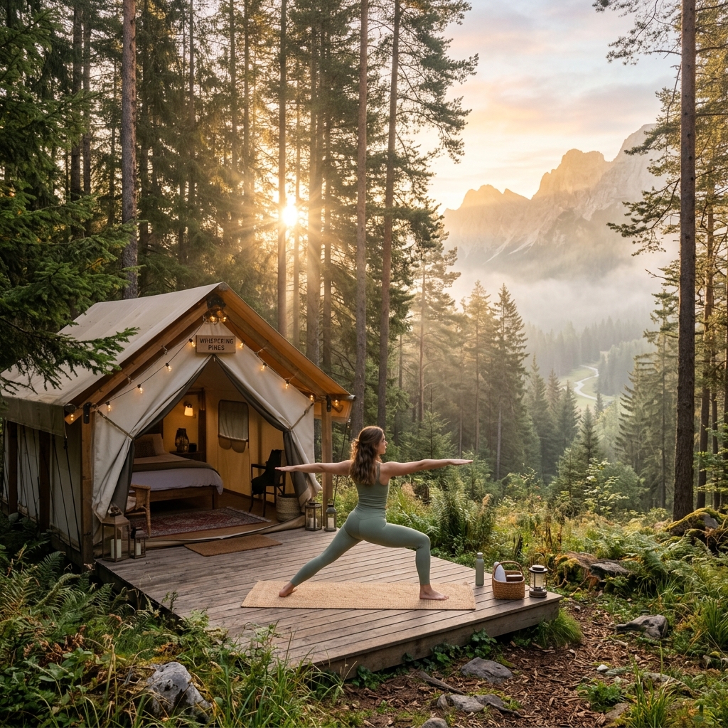 Wanita melakukan yoga pagi berlatar pegunungan di Batu Sunrise Camp