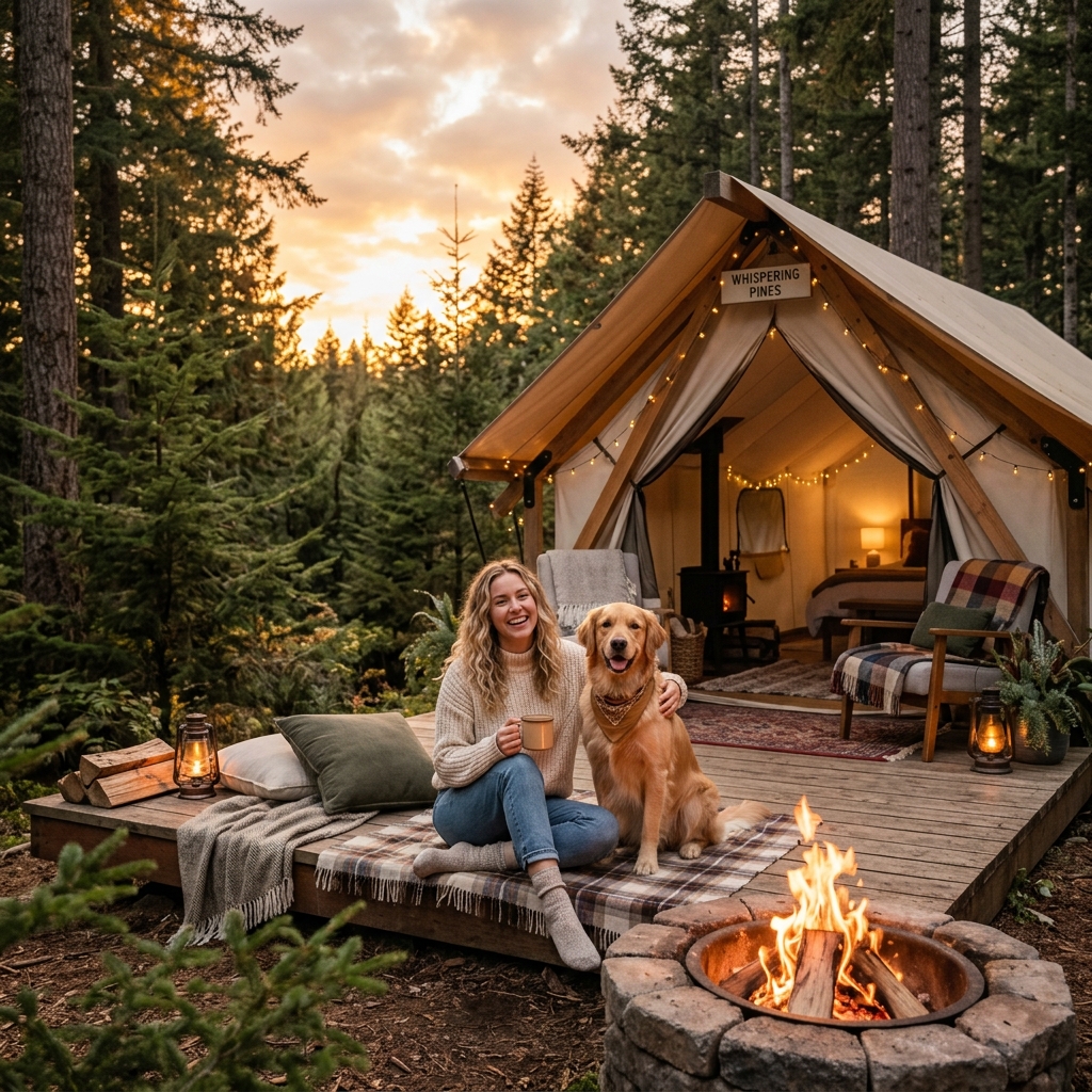 Wanita bersama anjing Golden Retriever di Glamping Batu Sunrise Camp