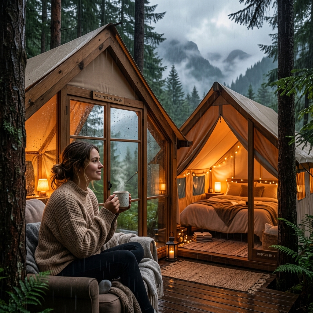 Suasana tenang glamping saat hujan turun