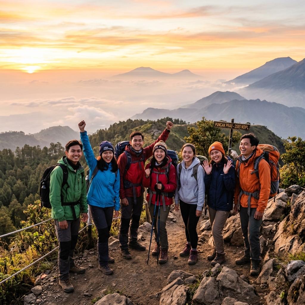 Rombongan pendaki muda Indonesia merayakan di puncak gunung Batu